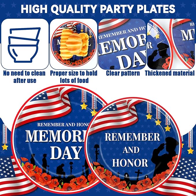 96Pcs Memorial Day Plates and Napkins for Remember and Honor Soldier Party Supplies Thank You Soldiers Dessert Plates Veterans Day Tableware Set for 24 Guests 4th of July Party Decorations