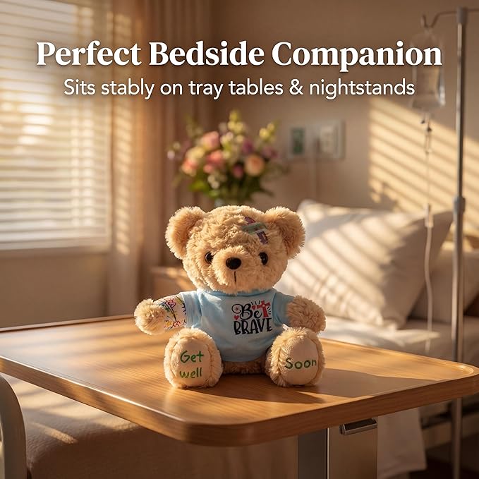 Get Well Soon Bear for Surgery Recovery Gifts, Emotional Comfort Stuffed Animal for Kids & Women, Tonsillectomy & Appendix Post-Op Plush, Be Brave Hospital Patient Companion, 8 Inch Beige