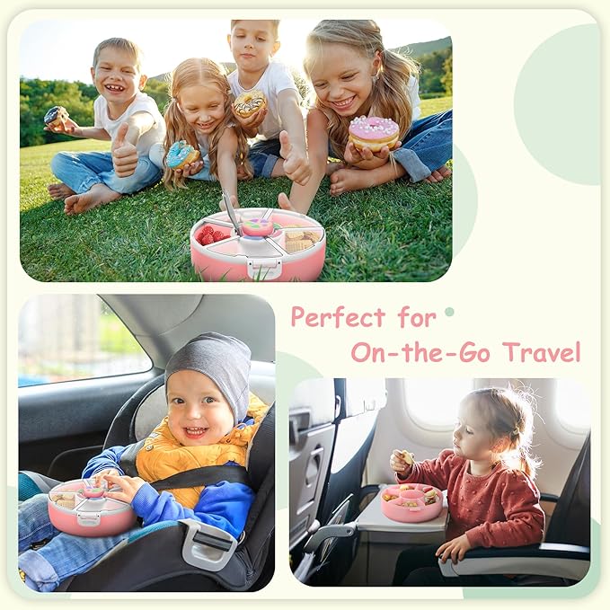 JOOPETALK Kids' Rotating Snack Container Set – 2-Pack, Includes 1 Rotating Snack Container & 1 Round Sectioned Snack Box, BPA-Free, Dishwasher Safe, Perfect for Travel-Pink