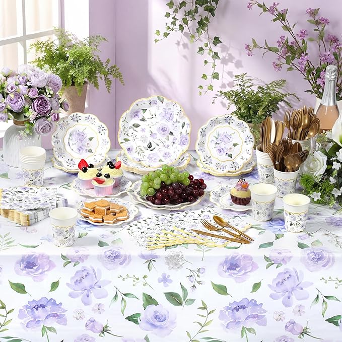 Pickmesh 194 Pcs Purple Floral Party Supplies for 24 Guests, Spring Floral Paper Plates and Napkins Cups Tablecloth Cutlery for Women Birthday Tea Bridal Shower Garden Party Supplies