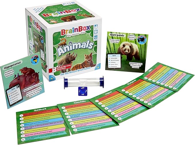 BrainBox Animals Card Game - Memory & Observation, 55 Detailed Scene Cards, Family-Friendly Trivia for Kids & Adults, Ages 8+, 1+ Players, 10 Min Playtime, Made by Green Board Games