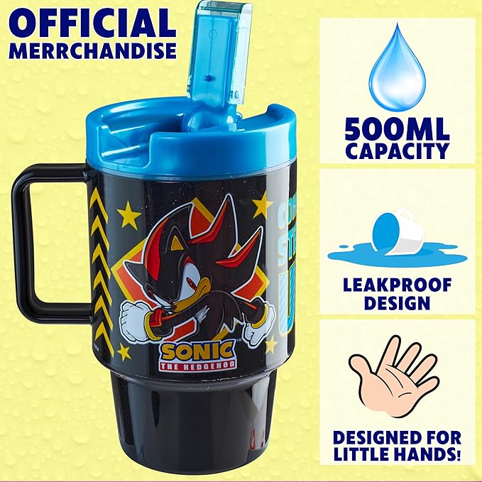 Get Trend Sonic the Hedgehog Kids Water Bottle with Straw 16.9 oz BPA Free Plastic Cup with Lid Handle Reusable Drinking Tumbler for School Gifts for Kids (Black Sonic)
