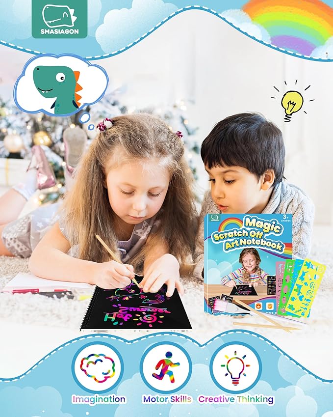 Smasiagon Scratch Paper Art-Crafts Kits for Kids, 2 Pack Scratch Off Notebooks Magic DIY Art Supplies Toys for 3-12 Years Old Girls Boys, Gifts for Birthday Halloween Christmas Party Favors Games