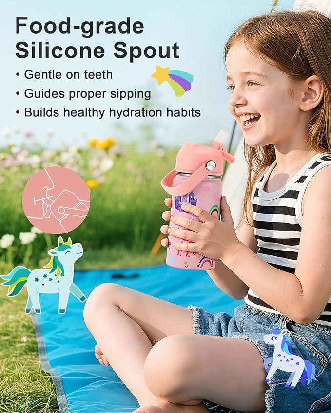 Kids Water Bottle 14oz with Silicone Straw Lid - Insulated Toddler Water Bottle Stainless Steel Keeps Cold 24H, Leak Proof & Unicorn Rainbow Prints Girls Design | Custom Name Tag for School, Pink