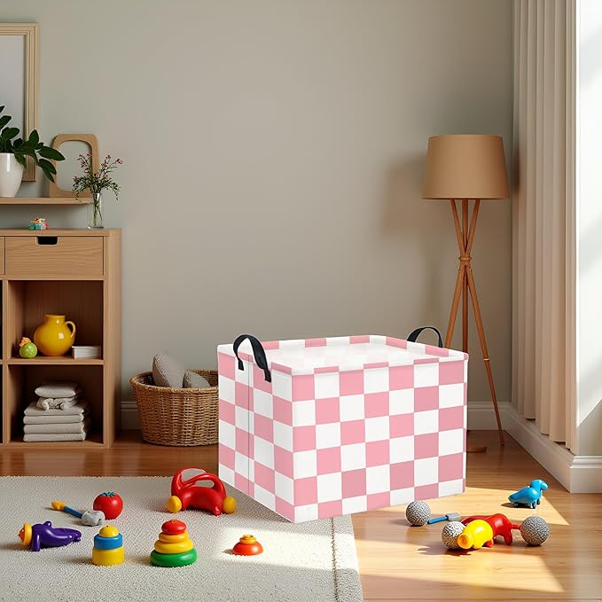 HIYAGON Rectangular Baby Girl Basket Fabric Storage Basket Storage Bin Organizer Box Room Decor(Pink Checkered)