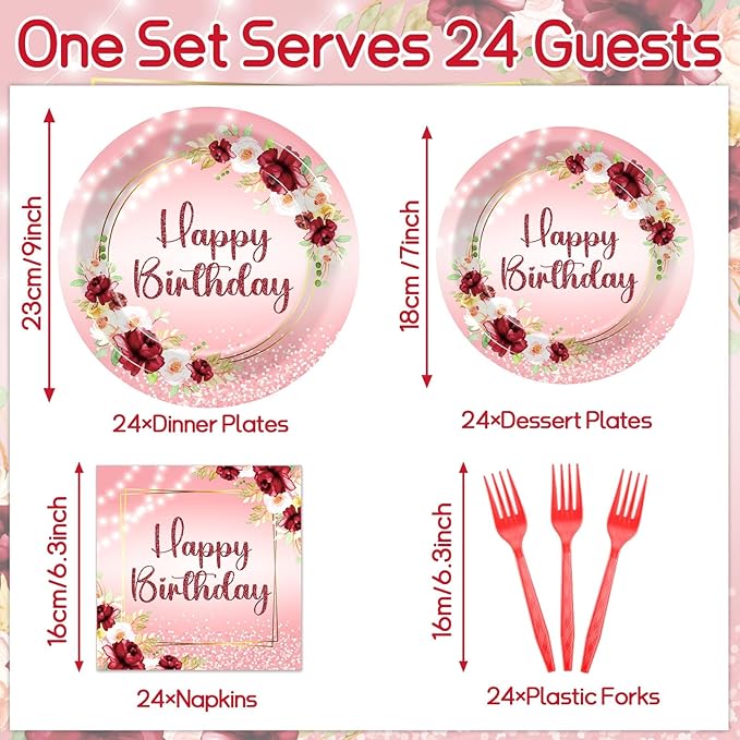 96Pcs Burgundy Birthday Party Supplies Burgundy Floral Paper Plates Napkins Flower Birthday Party Tableware Set Red Gold Dinnerware for Girl Party Baby Shower Decoration Serve 24