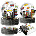 200pcs Super Party Plates Napkins Forks Hero Theme Party Tableware Set Hero Action Sign Party Disposable Paper Dessert Cake Dinnerware Boy Girl Happy Birthday Party Baby Shower Decor Supplies Serve 50