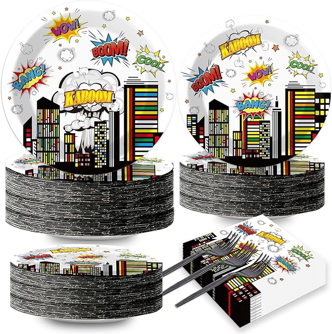 200pcs Super Party Plates Napkins Forks Hero Theme Party Tableware Set Hero Action Sign Party Disposable Paper Dessert Cake Dinnerware Boy Girl Happy Birthday Party Baby Shower Decor Supplies Serve 50