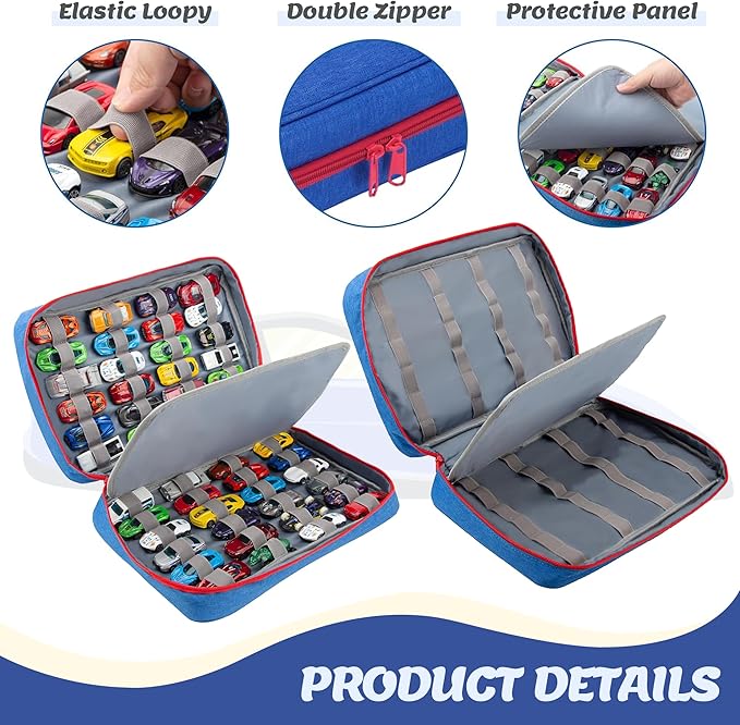 KISLANE Car Storage Case Organizer for 48 Vehicles – Portable 1:64 Scale Die-Cast Collection Carrying Case with Elastic Slots, Travel Storage Bag for Collectors, Blue