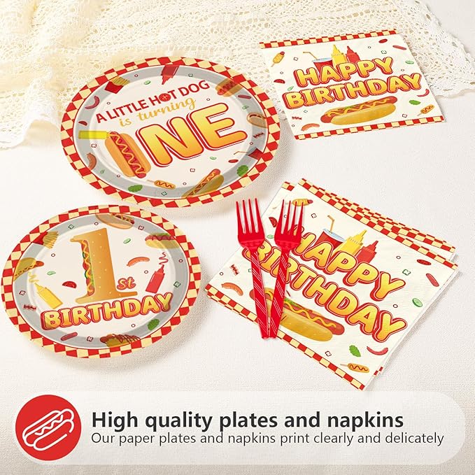 96Pcs Hot Dog Party Supplies 1st Birthday Plates and Napkins Fast Food Sausage Hotdogs Disposable Tableware Sets for Kids Boys One Year Old Birthday Baby Shower Party Decorations Serves 24