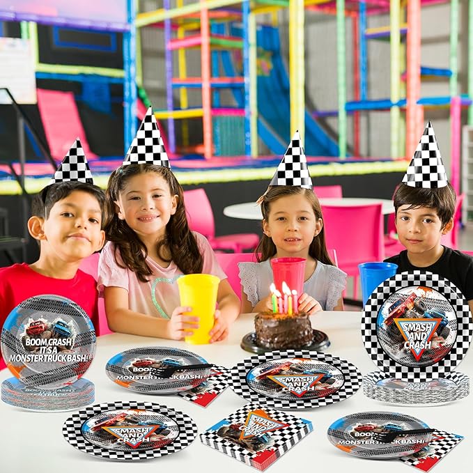 96Pcs Monster Truck Party Plates and Napkins for Monster Truck Birthday Party Supplies Paper Dessert Plates Tableware Set for Kids Boys 24 Guests Birthday Decorations