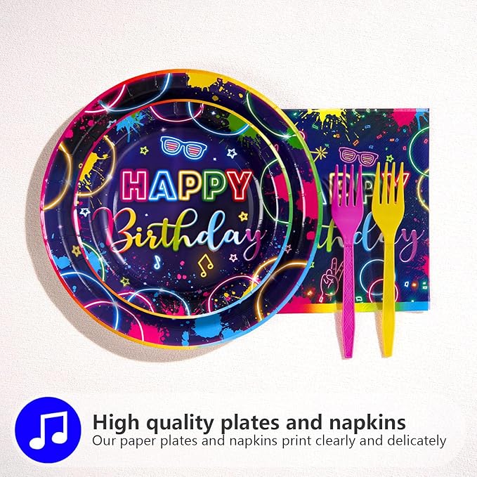 Grencian 96Pcs Neon Party Supplies Let's Glow Party Decorations Glow In The Dark Colorful Plates and Napkins Tableware Neon Birthday Decorations for Baby Shower Game Black Night Themed Favors Serve 24