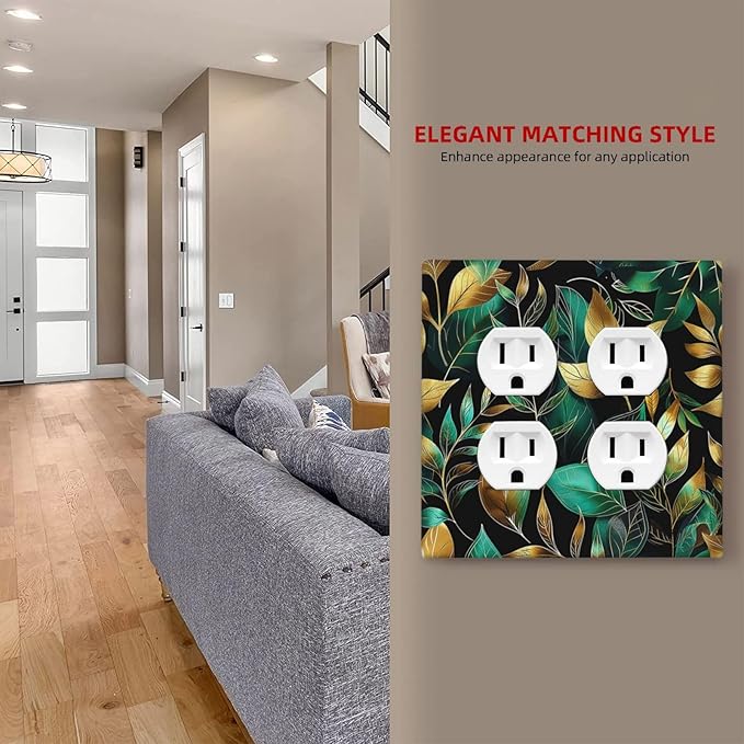 Outlet Covers Vintage Dark Green Vine Leaf Golden Plants 2 Gang Double Duplex Decorative Light Switch Covers Electrical Wallplates Socket Faceplate for Bed Room Cabin Decor