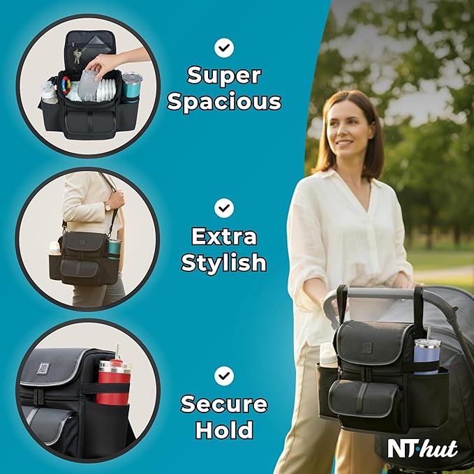 NT·hut Baby Stroller Organizer, Stroller Caddy Bag with 2 Wide Cup Holders & Bottle Straps, Universal Strap Fit, Fits 11" Tablet, Magnetic Pocket, Zipper & Mesh Pockets, Water Resistant 600D (Black)