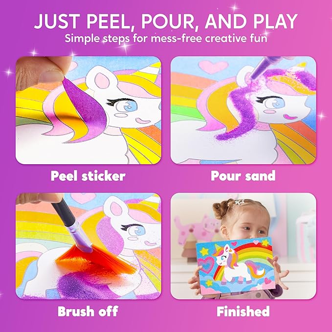 JOVA Klever Kits Glow Sand Art Kits for Kids, Glow in The Dark Sand Painting with 14 Colors, Kids Crafts, 6 Fantasy Templates & 4 DIY Sheets, Mess Free Arts and Crafts, Gifts for Girls Ages 5+