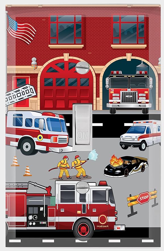 Fire House Boys Room Light Switch Cover Plate Kids Decorative Nursery Teen Toddler Room Decor Bedroom Bathroom Playroom (Fire Truck Station)