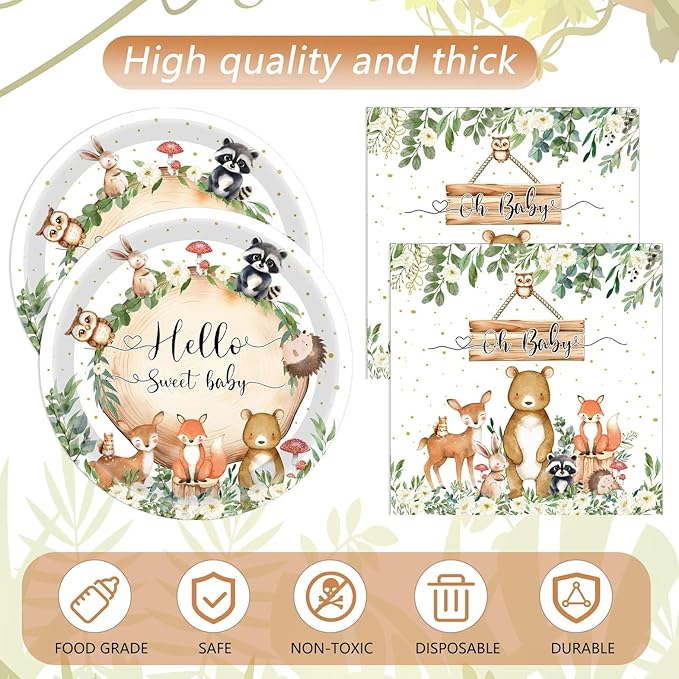 Safari Party Supplies,Baby Shower Plates and Napkins Set,Jungle Oh Baby Paper Plates,Napkins,Tablecloth丨for Wild Animals Jungle Theme Safari Zoo Birthday Decorations Party Supplies,Serves 20