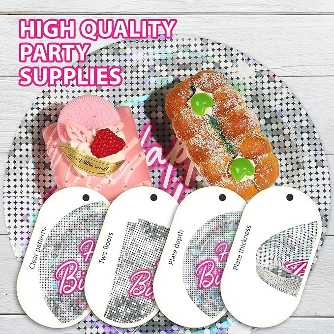 168Pcs Disco Birthday Party Decorations Hot Pink Silver Glitter Sequins Plates and Napkins Cups Forks Tableware Sets for Women Girls 70s 80s Theme Disco Neon Pastel Rainbow Party Supplies Serves 24