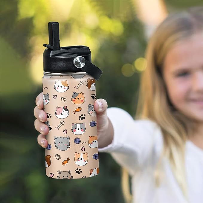 SANDJEST Kids Water Bottle Cat Water Bottles 12oz with Straw Insulated Stainless Steel Travel School Tumbler Double Wall Vacuum Cup for Girls Kid Boys