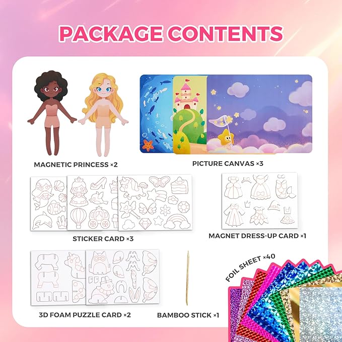 Jar Melo 3 in 1 Foil Craft Kit for Kids, DIY Foil Stickers Art Supplies, 3D Puzzle Unicorn Toys for Girl, Princess Magnetic Dress-Up Kits, Creative Travel Activity, Birthday Gifts for Girls 4-10