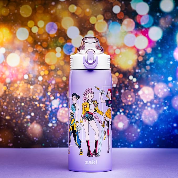 Zak Designs KPop Demon Hunters Sage Kids Water Bottle For School or Travel, 19oz Stainless Steel Water Bottle With Straw, Handle, and Leak-Proof, Pop-Up Spout Cover (Rumi, Mira, Zoey)