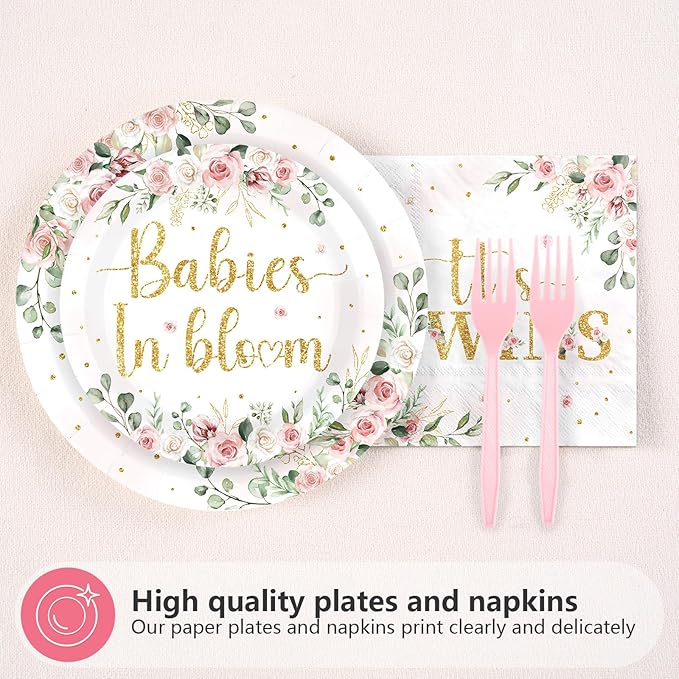 96Pcs Twins Baby Shower Party Decorations Wildflower Baby in Bloom Paper Plates and Napkins Pink Gold Floral It's Twins Disposable Tableware Set for Boys Girls Birthday Party Supplies, Serves 24