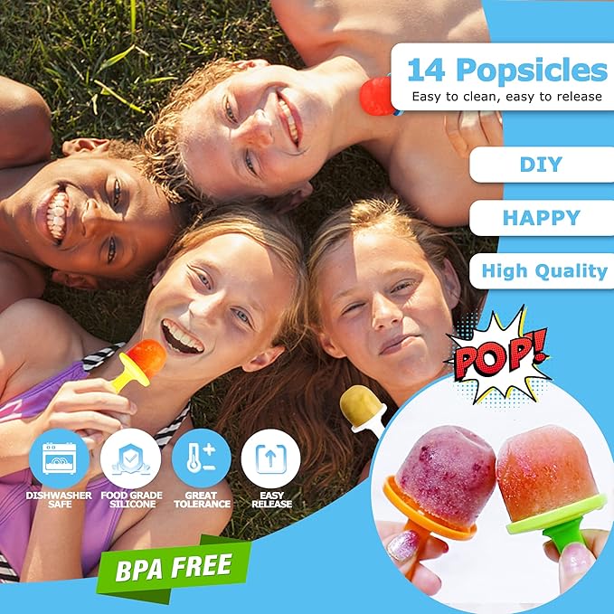 Silicone Popsicle Molds 14-cavity DIY 2Pcs Ice Pop Mold with Colorful Sticks For egg biting ice cream molds baby food storage containers non stick cake molds (Purple&Blue)