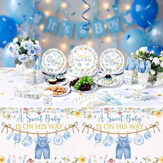 Pickmesh 194 Pcs Floral Baby Boy Shower Decorations for 24 Guests, Baby Shower Blue Paper Plates and Napkins Cups Tablecloth Cutlery for Spring It's a Boy Gender Reveal Party Supplies
