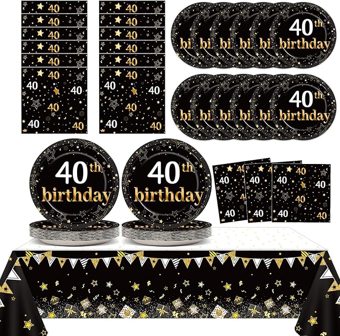 40th Birthday Party Supplies Serves 24 Black and Gold 40 Years Old Birthday Party Decorations Paper Plates Napkins Cheers to 40 Years Tablecloth Set Vintage 1986 Tableware Kit Favors for Men or Women