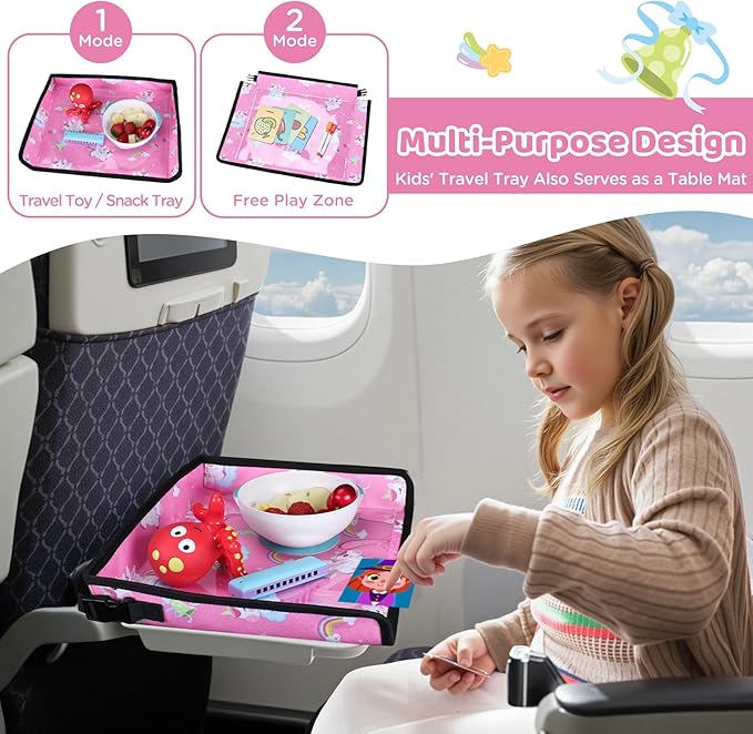 Airplane Kids Travel Tray for Toddler Car Seat - Toddler Tray for Plane or Train - Travel Essential Must-Haves and Flying Supplies - Pink Unicorn