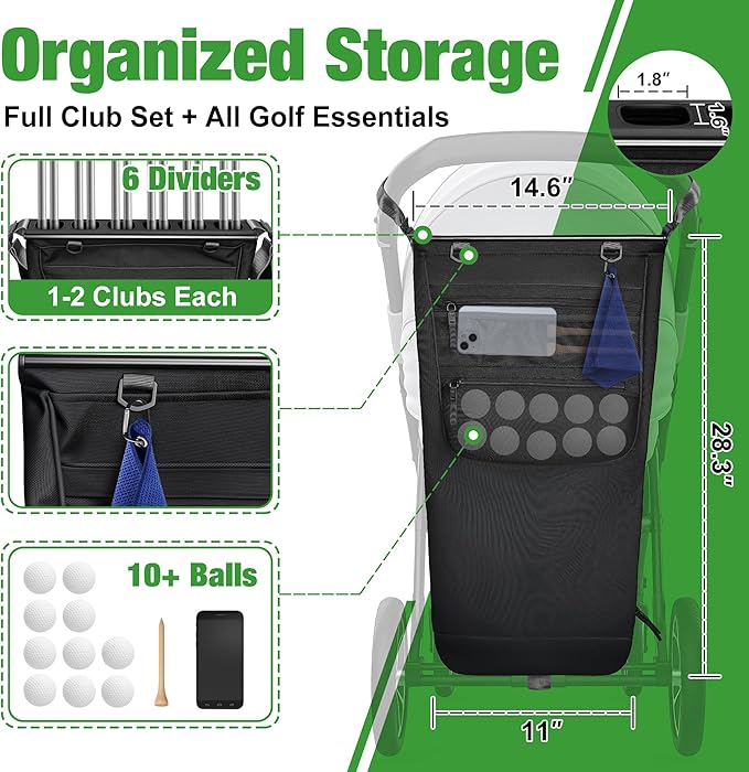 Stroller Golf Caddy,Golf Bag Attach to Stroller with Side Pockets,Shoulder Strap & Hooks for Towel Gloves,Lightweight Foldable Golf Organizer for Family Outdoor Golf,Stroller Golf Accessory