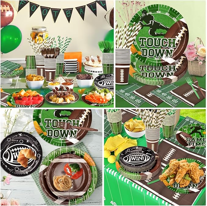 300 Pcs Football Plates and Napkins Tableware Sets (Serve 50), Football Party Supplies, Including Football Plates Napkins Forks Straws and Cups (Blending 2 Designs), Suitable for Game Day Party