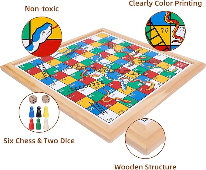 Gothink Wooden Snakes and Ladders Game - 13 Inch Educational Board Game for Children Ages 3 and Up & Adults - Classic Board Game Includes 6 Counters & 2 Dice, Rules
