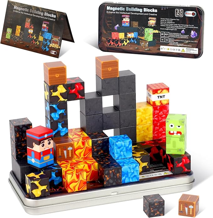 SYSKENI 35PCS Magnetic Blocks Travel Set, Mini Magnetic Blocks Travel Toys for Kids Ages 3-5 4-8, Portable Magnet Cubes STEM Learning Toys with Portable Iron Storage Box Christmas Birthday Gifts