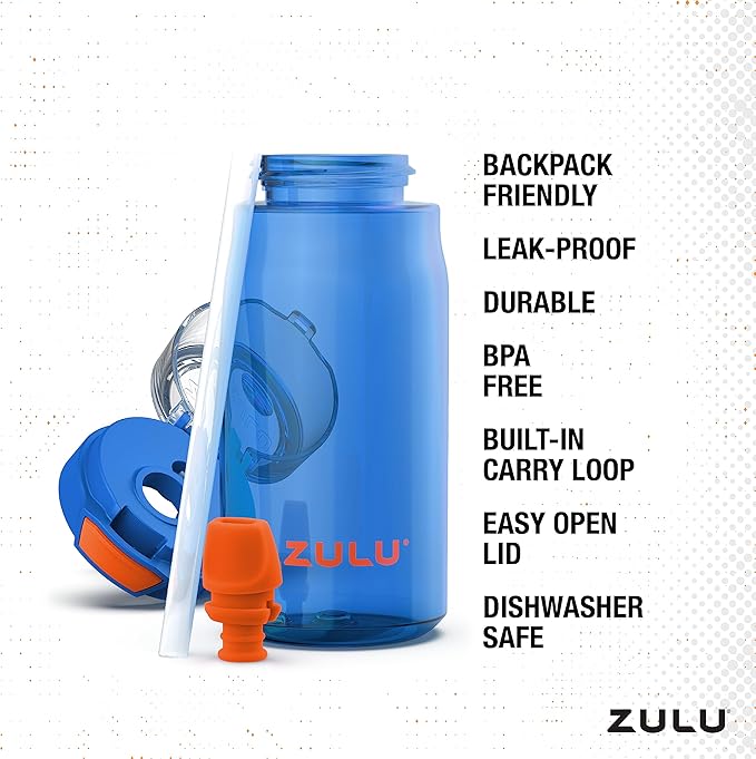 Zulu Kids Flex 16oz Tritan Plastic Water Bottle with Silicone Spout, Leak-Proof Locking Flip Lid and Soft Touch Carry Loop for School Backpack, Lunchbox, and Outdoor Sports, Blue