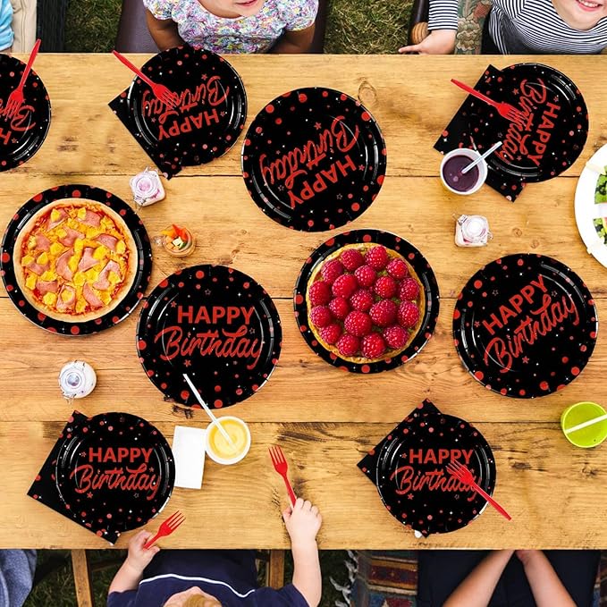 Grencian 96Pcs Red and Black Birthday Party Decorations Red Polka Dots on Black Paper Plates and Napkins Disposable Dessert Tableware for Men Women Birthday Party Graduation Decorations 2026 Serves 24
