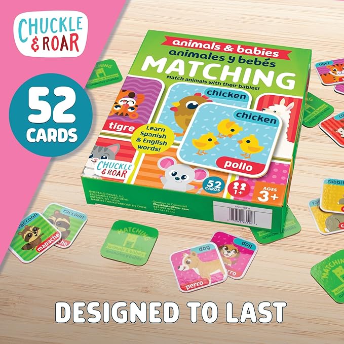 Chuckle & Roar Animals & Babies Matching Memory Game for Kids Ages 3+ – Bilingual Parent & Baby Animal Card Game, Preschool Learning & Concentration Fun
