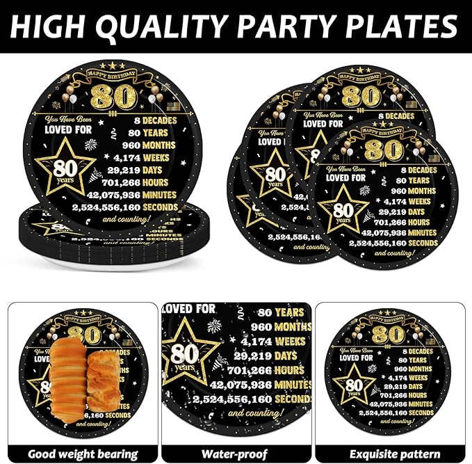 50 Pcs Black Gold 80th Birthday Party Paper Plates and Napkins Back in 1946 Dessert Cake Plates Black Gold 80 Year Old Theme Decorations 1946 Tableware Set Serves 25 Guest 80th Birthday Party Supplies
