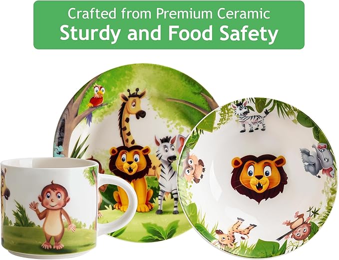 MIAMIO Kids' Jungle Dinnerware Set - 3 Pieces, Ceramic, Includes Plate, Bowl, and Cup