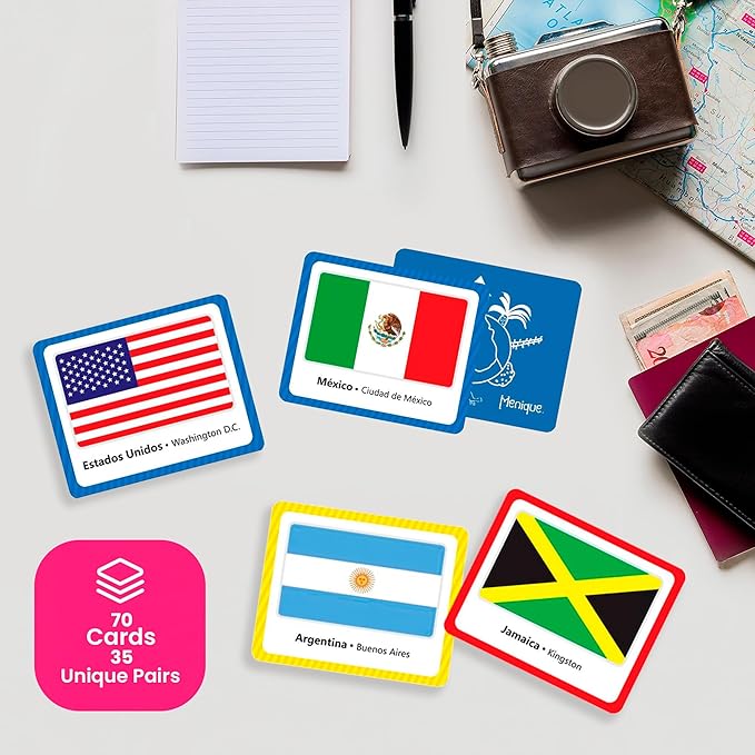 Menique Flags of the Americas Memory Matching Game – Spanish Edition – 70 Cards (35 Pairs) with Flags, Countries & Capitals – Educational Matching Game in Spanish for Kids and Adults