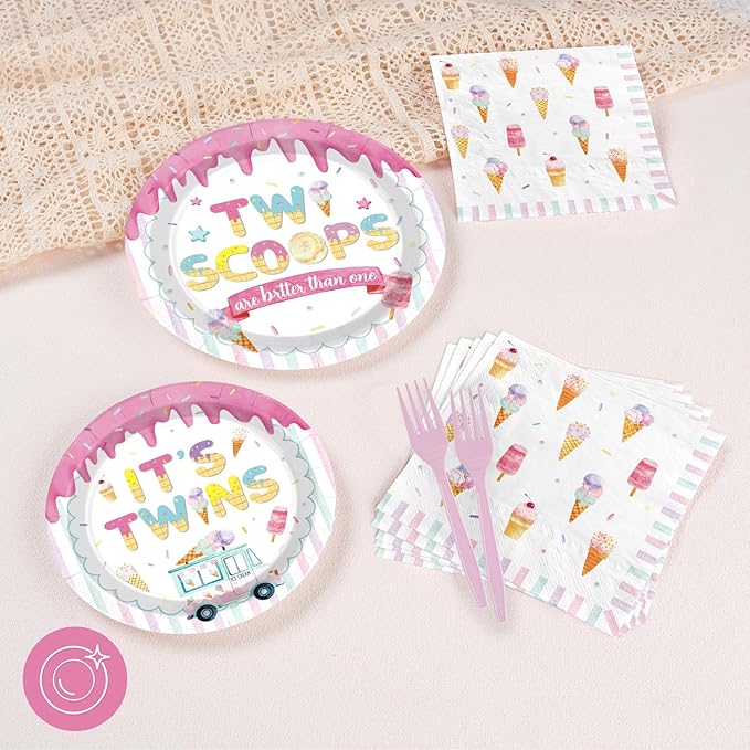 96Pcs Twins Baby Shower Decorations Ice Cream Twin Birthday Plates and Napkins Two Scoops are Better Than One Tableware Set for Twins Girls Boys Baby Shower Party Supplies Serves 24