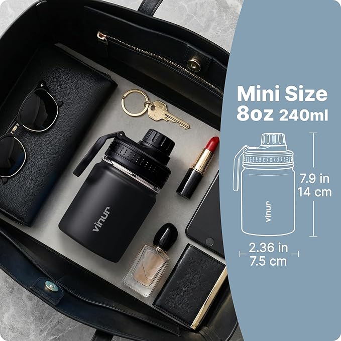 Vinur Small Water Bottle 8 oz Stainless Steel Vacuum Insulated Water Bottle for Kids Lunchbox & Backpacks- Leakproof Travel Bottle with Spout Lid for Boys, Black