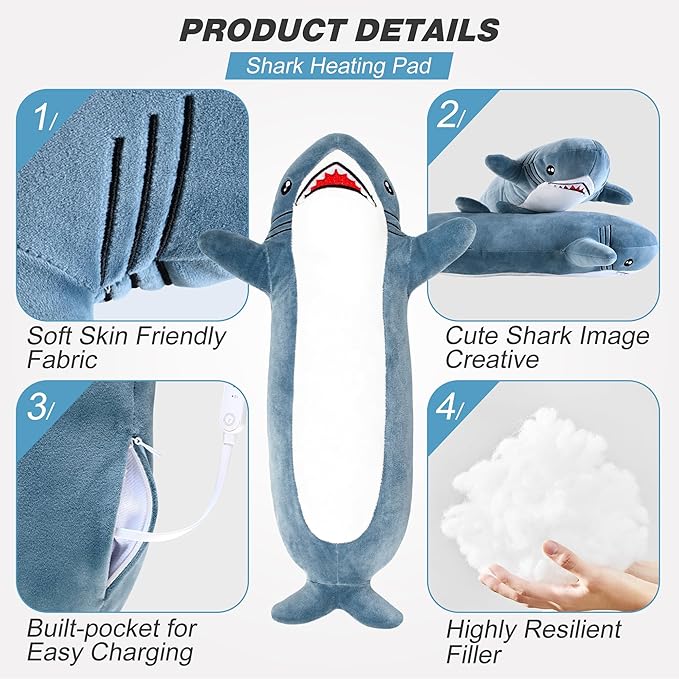 Shark Heating Pad for Period Cramps & Menstrual Pain Relief, Cute Heated Stuffed Animal Heating Pad Plush, Portable USB Heated Toy with Auto Shut Off for Women & Girls, Gift for Mom