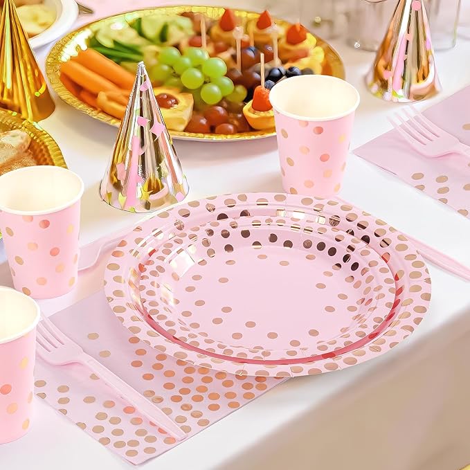 Pink and Rose Gold Dots Plates Set for 24 Guests, 168PCS Disposable Dinnerware,Party Supplies Paper Plates Napkins Cups Pink Cutlery for Birthday Baby Shower Wedding Bridal Anniversary Party