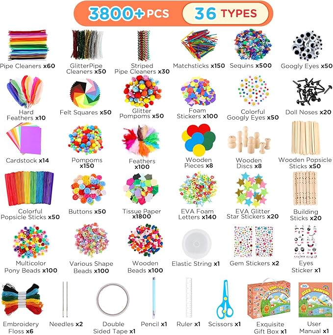 Zefy 3800+ Pcs Arts and Crafts Kit Supplies for Kids, All in One Art Supplies with 20 Crafts Design, DIY Craft Box Set School Supplies Gifts Toys for Girls Boys Ages 4-12