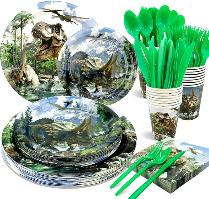 175 Pcs Dinosaur Party Birthday Supplies Dino World Themed Tableware Set Includes Plates Napkins Cups Knives Fork Spoon for Boys Kids Dinosaur Party Supplies Decorations Serve 25 Guests