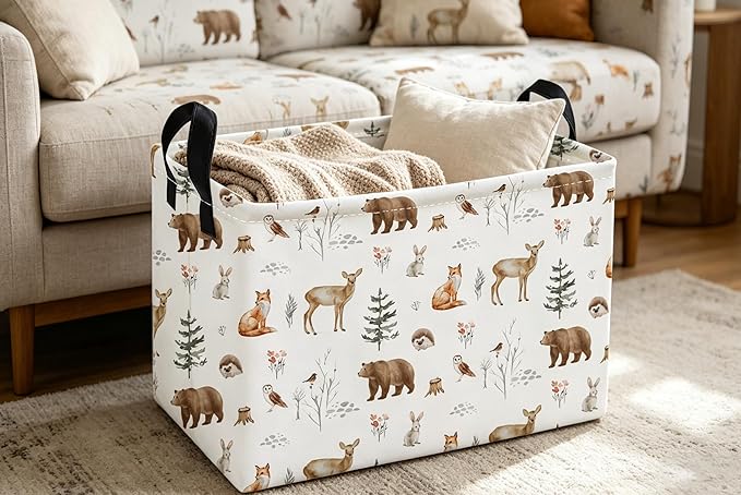 Essme Rectangular Animal Basket,Kids Storage Bins Organizer with Handles for Woodland Room Decor, Gift Basket,Shelf Basket.(Woodland Animal)