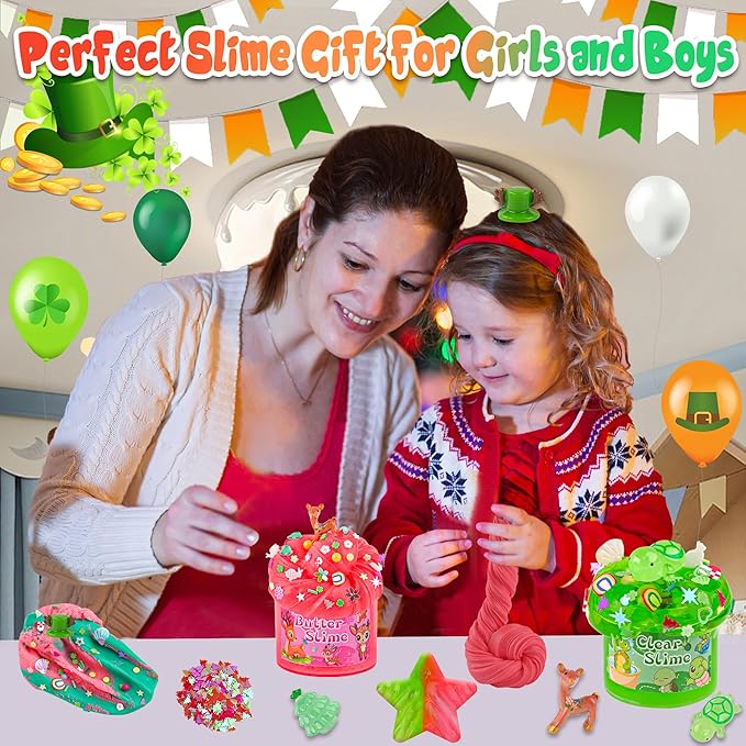 LAWOHO 6 Packs Red & Green Slime for Kids- Clear, Butter, Cloud Slime Making Kit with Glow in The Dark Add-ins & Charms, Slimes Kit for Boys & Girls Party Favors, Birthday St Patricks Day Easter