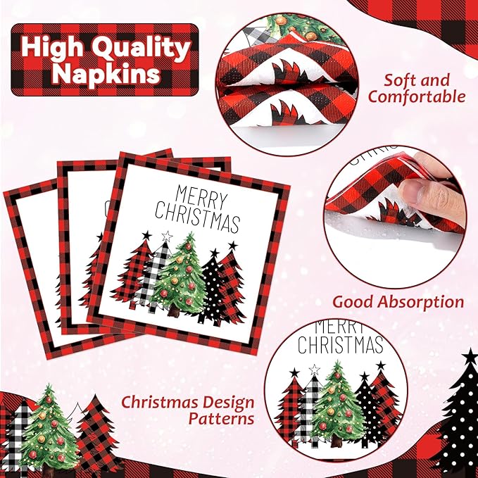 50Pcs Christmas Buffalo Plaid Tree Paper Plates and Napkins Red and Black Checkered Table Decoration Merry Christmas Disposable Party Tableware Set Serves 25 Guest Winter Xmas Holiday Party Supplies