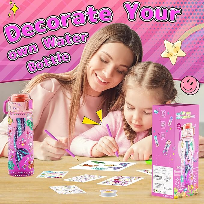 BOOH Decorate Your Own Water Bottle Kits for Girls, Mermaid Painting Diamond Art & Bracelet Making Kit for Girl, Crafts for Kids Ages 4-8, Birthday Christmas School Gifts (Mermaid)